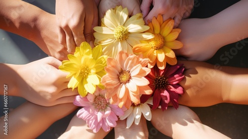 Concept photo of a diverse group of individuals, each holding a flower from their own cultural background, as they come together in a circle and offer a universal prayer for hope and renewal.