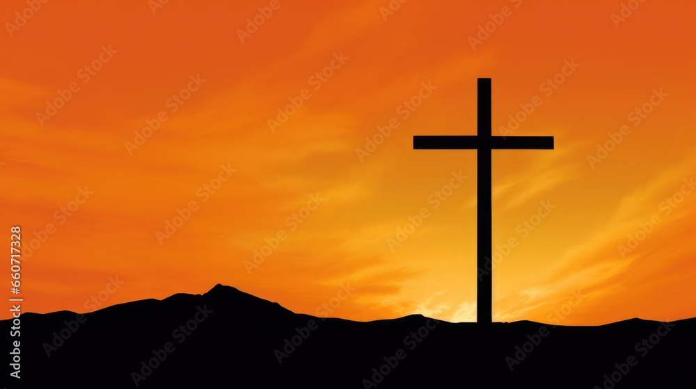 The faint silhouette of a cross, standing tall against a bright orange sky, evoking a sense of peace and spirituality.