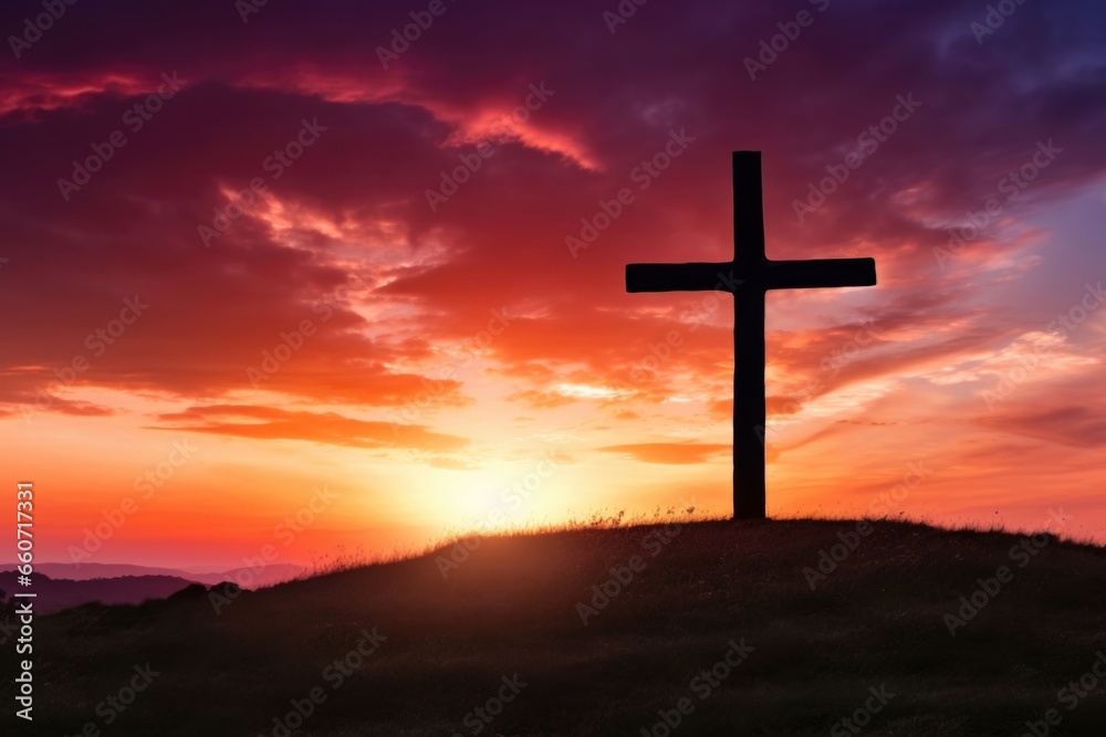 A breathtaking scene of a cross, standing atop a grassy hill, silhouetted against a stunning sunset that fills the sky with shades of red, orange, and purple.
