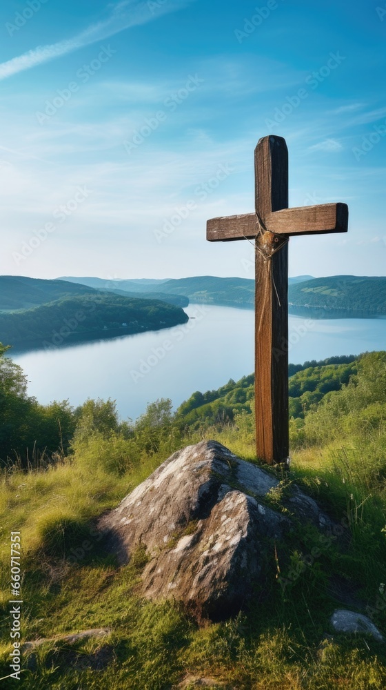 Closeup of a wooden cross perched atop a hill, overlooking a serene lake and surrounded by lush greenery.