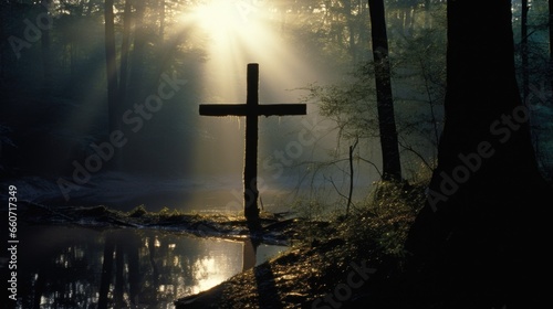 Concept photo of a serene forest scene, with the silhouette of a wooden cross visible through the trees, inviting contemplation and reflection.