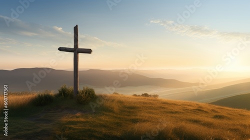 A wooden cross overlooking a vast expanse of rolling hills and fields, a reminder of the greatness of Gods creation.