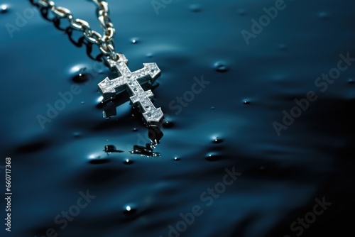 Closeup of a delicate cross charm, dangling from a chain above the waters surface, its reflection appearing as a tiny, shimmering star in the calm night sky.