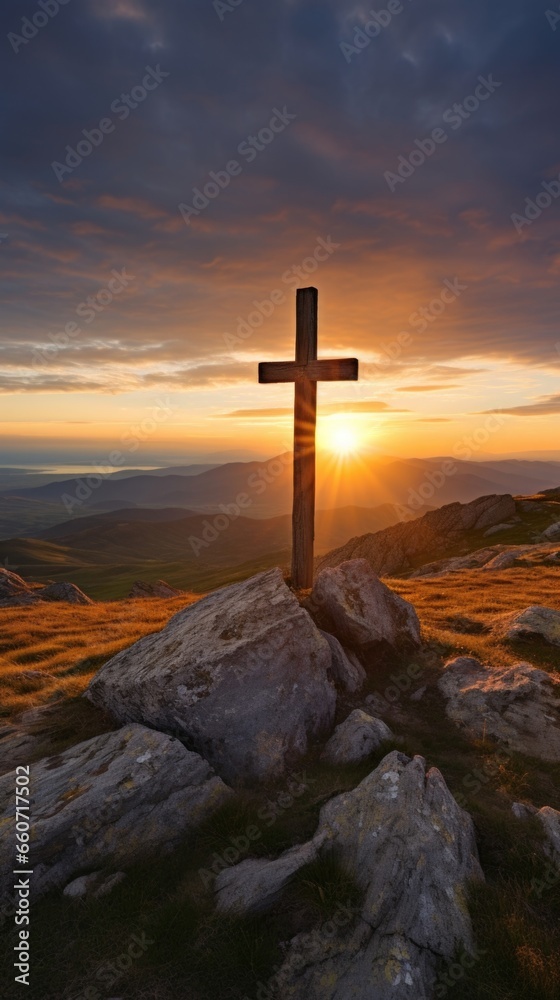 The suns rays filtering through the arms of the cross, casting a warm and comforting light on the surrounding landscape.