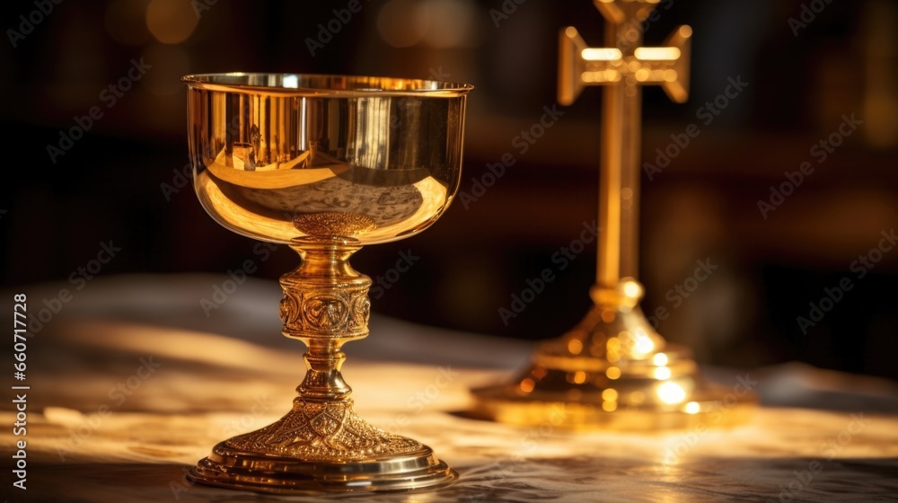 Closeup of a golden chalice and paten, used to hold the wine and bread during communion, p in front of a plain metal cross, highlighting the solemnity and significance of the Eucharist. Closeup of a golden chalice and paten, used to hold the wine and bread during communion, p in front of a plain metal cross, highlighting the solemnity and significance of the Eucharist.