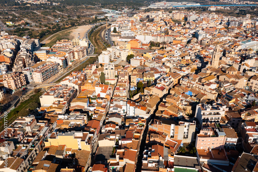 Aerial view of Spanish town of El Vendrell on sunny winter day, province of Tarragona, Catalonia..