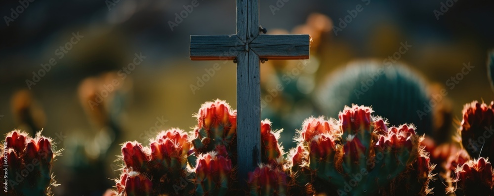 Concept photo of a cross made of cacti, representing the idea that even in the most unlikely places, hope and faith can thrive and blossom.
