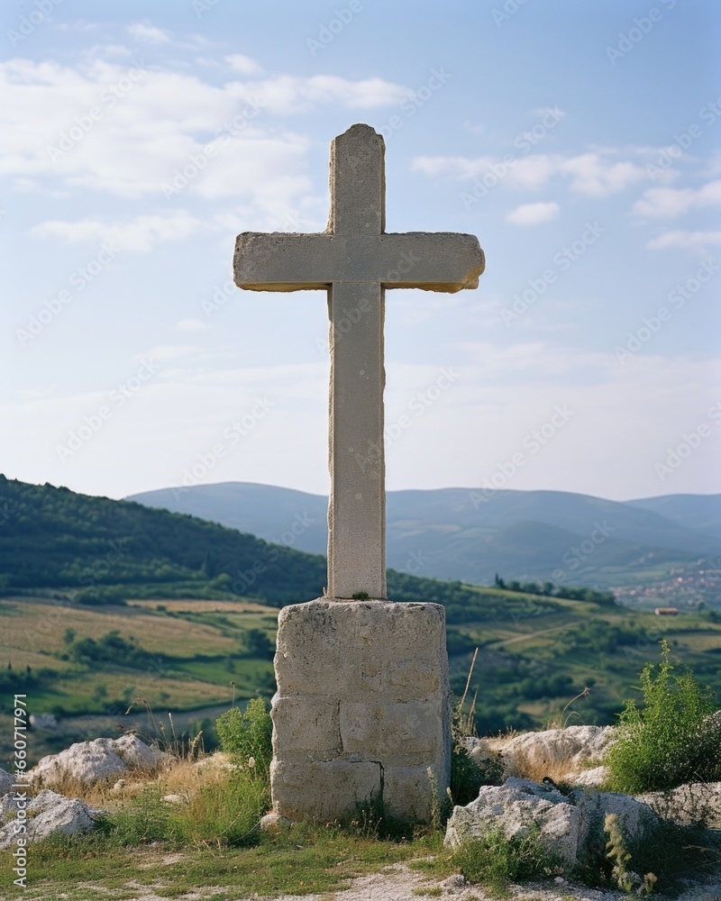 Closeup of a simple yet elegant cross, made of smooth stone and standing in front of a grandiose church bell tower, overlooking the vast countryside. Closeup of a simple yet elegant cross, made of smooth stone and standing in front of a grandiose church bell tower, overlooking the vast countryside.