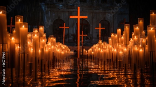 The candles surrounding the cross are lit in various sizes, creating a visual representation of different levels of devotion and faith.