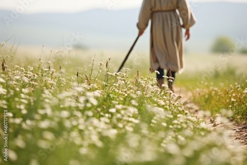 Concept photo of a shepherd carrying a small wooden cross while walking through a field of wildflowers, signifying the beauty and abundance that awaits us when we follow Jesus as our Good
