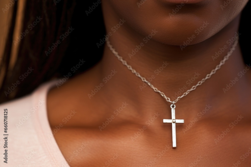 Closeup of a persons face with eyes closed, lips moving in silent prayer, as a healing cross pendant hangs around their neck, a tangible reminder of their faith and the source of their strength.
