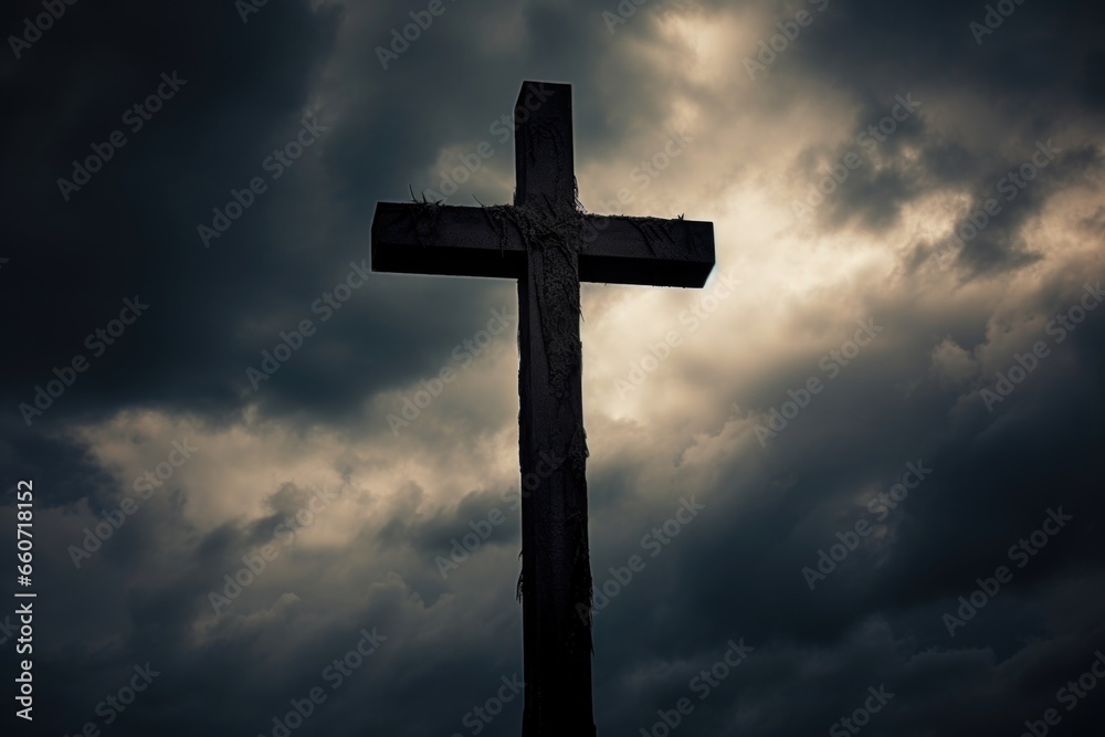 Closeup of a Cemetery Cross, standing tall against a dramatic stormy sky. The crosss silhouette creates a powerful and somber image, reflecting the cycles of life and the inevitability of