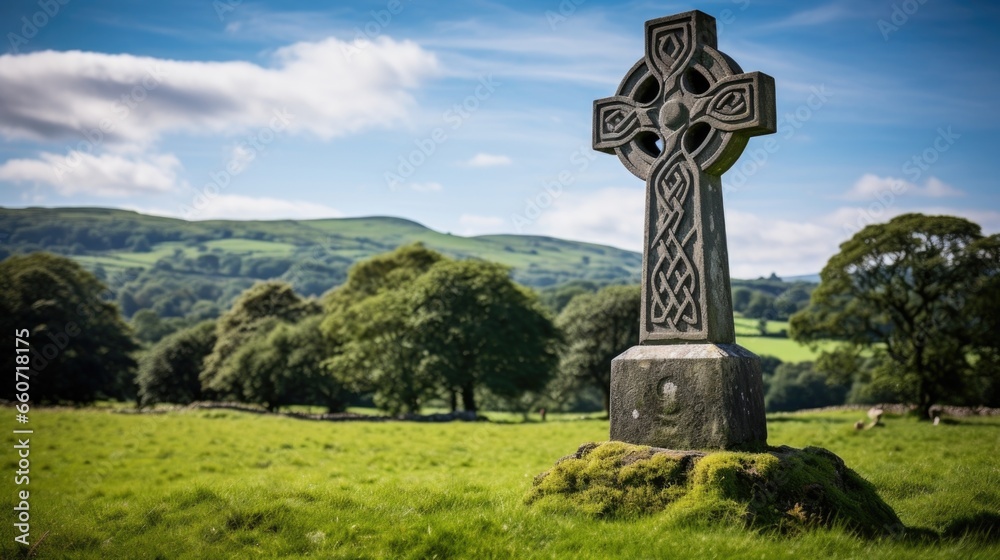 Concept photo of a large Celtic knot cross monument, made of stone and positioned in front of a lush green landscape. The monument is a significant symbol of the merging of Celtic and Christian Concept photo of a large Celtic knot cross monument, made of stone and positioned in front of a lush green landscape. The monument is a significant symbol of the merging of Celtic and Christian