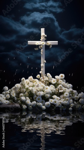 Concept photo of the cross and candles being carried on a raised platform, adorned with fresh white flowers and dd in fabric as it stands out against the dark sky, a symbol of hope and spirituality.