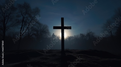 Concept photo of a Cemetery Cross, captured in the soft light of a full moon. The crosss shadow stretches across the ground, a reminder of the eternal cycle of life and death.