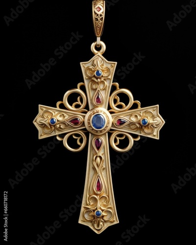Concept photo of a Celtic knot cross pendant, made of gold and encrusted with precious gemstones. The knots are delicately carved and add an elegant touch to the already significant religious