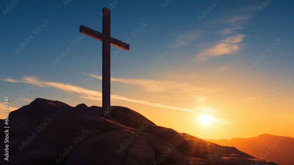 Concept photo of a cross standing on a hill, its silhouette sharply outlined against a bright pastel sky as the sun rises behind it.
