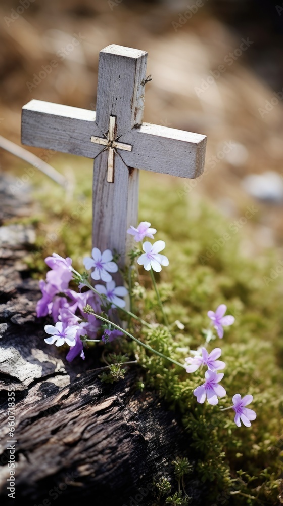 Closeup of a simple yet powerful cross, made of rough wood and adorned with a few small wildflowers, representing the humility and purity of the Easter story. Closeup of a simple yet powerful cross, made of rough wood and adorned with a few small wildflowers, representing the humility and purity of the Easter story.