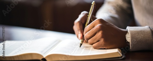 Closeup of an individual taking notes in their Bible study journal, reflecting on the insights and lessons learned during the group session. photo