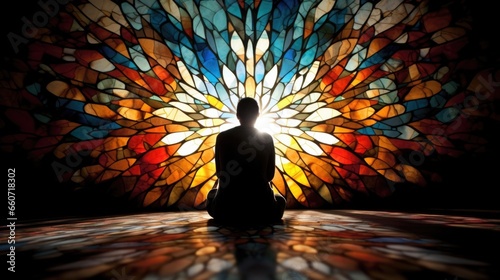 Concept photo of a person kneeling in front of a stained glass window, the light from the colorful pieces illuminating their face as they seek guidance and perseverance through prayer. photo