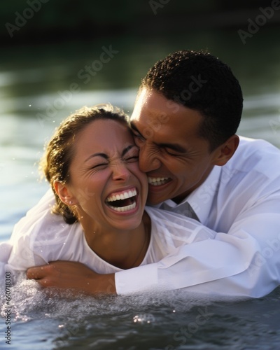 A newly baptized couple, embracing and smiling joyfully as they emerge from the water, symbolizing their shared commitment to living a Christian life together.