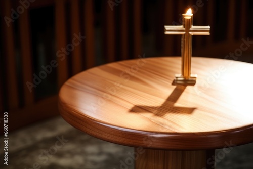 Concept photo of a simple wooden cross p at the center of a communion table, representing the sacrifice of Jesus and the centrality of the Eucharist in Christian worship.