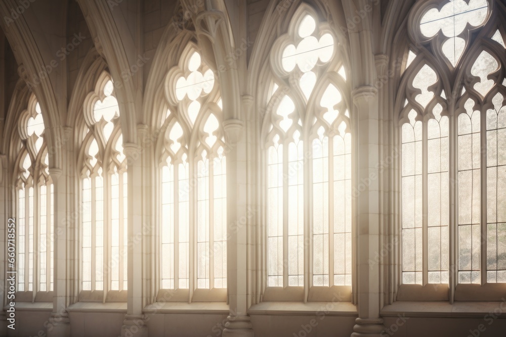 Closeup of a series of arched windows, each featuring delicate tracery designs, streaming sunlight into the tranquil atmosphere of a Gothic church.