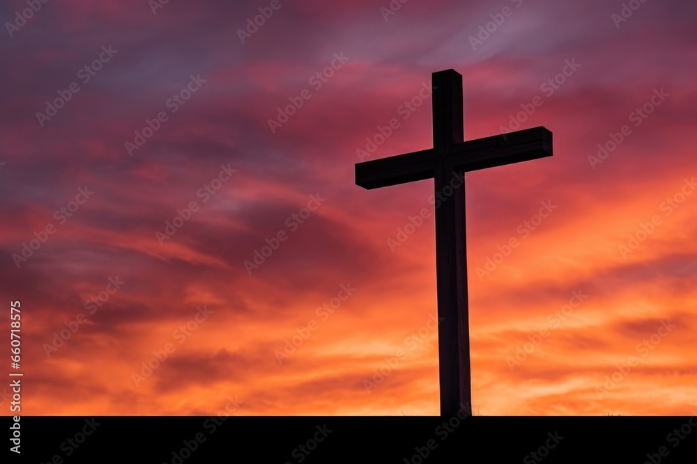 Closeup of a wooden cross, silhouetted against a vibrant orange and pink sky, symbolizing the sacrifice of Jesus and the hope of new life in his resurrection. Closeup of a wooden cross, silhouetted against a vibrant orange and pink sky, symbolizing the sacrifice of Jesus and the hope of new life in his resurrection.