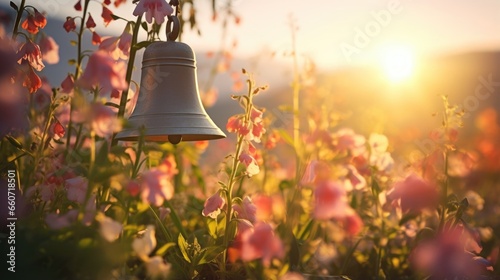 A dreamy shot of church bells ringing in a field of wildflowers, harmonizing with the beauty of nature and embracing all who hear it in a spiritual embrace. photo