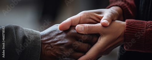 Closeup of a volunteer praying with a community member, holding their hands and offering words of comfort and hope. The volunteers eyes are closed in concentration, while the community member