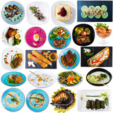 Set of various dishes served on plates, bowls and slates on white background