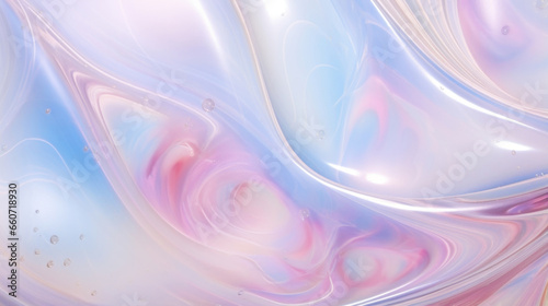 Closeup of opalescent glass with a pearlescent finish, featuring delicate swirls of white, pink, and blue hues.