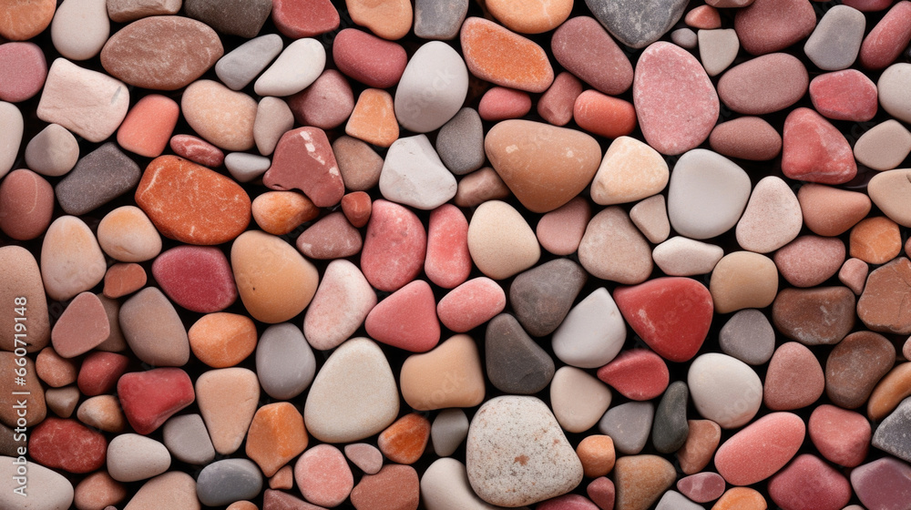 Closeup of exposed aggregate concrete A mosaiclike surface with a mix of smooth and rough stones in shades of red, pink, and orange. The varying sizes and shapes of the stones give the surface Closeup of exposed aggregate concrete A mosaiclike surface with a mix of smooth and rough stones in shades of red, pink, and orange. The varying sizes and shapes of the stones give the surface