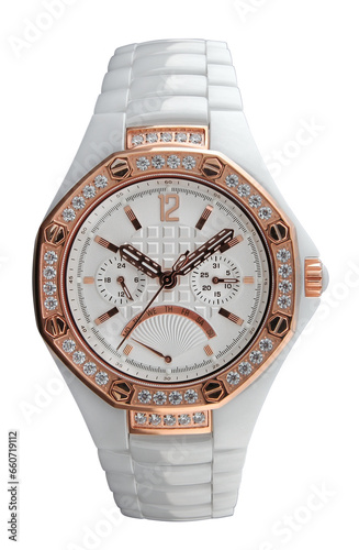 Octagonal luxury white and gold wrist watch men with diamonds isolated on png transparent background.