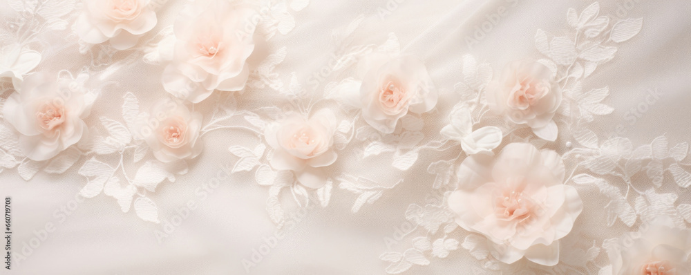 Texture of a classic lace fabric, featuring a timeless floral design and a slightly raised surface. Its sy yet refined texture makes it a popular choice for bridal gowns and elegant evening