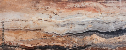 Fossilized grain texture of petrified wood, showcasing a beautiful blend of sleek black, warm brown, and creamy white colors, resembling a unique and natural piece of artwork. © Justlight