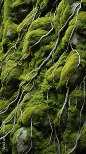 The texture of mosscovered limestone resembles a miniature forest with thin strands of moss overlapping and intertwining each other in a tangled pattern.