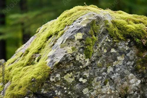 Rough texture of a gneiss boulder coated in a layer of velvety green moss, adding a soft and organic contrast to its hard, rocky surface.