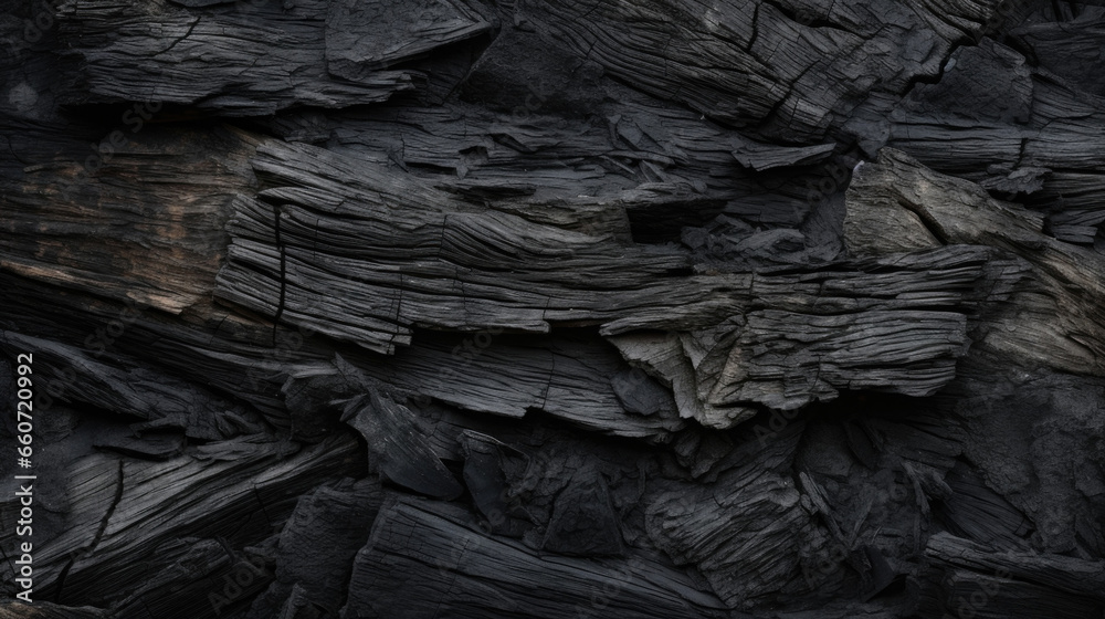 Texture of charred timber, with a mix of smooth, singed areas and rough, jagged edges. Its dark color is reminiscent of coal or midnight, and the scent of smoke still lingers around it. Texture of charred timber, with a mix of smooth, singed areas and rough, jagged edges. Its dark color is reminiscent of coal or midnight, and the scent of smoke still lingers around it.