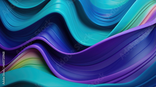 Closeup of a rubbery surface with undulating waves in vibrant shades of purple, green, and blue. Its stretchy and malleable nature makes it ideal for creating various shapes and forms. photo