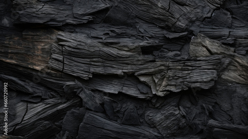 Texture of charred timber, with a mix of smooth, singed areas and rough, jagged edges. Its dark color is reminiscent of coal or midnight, and the scent of smoke still lingers around it.
