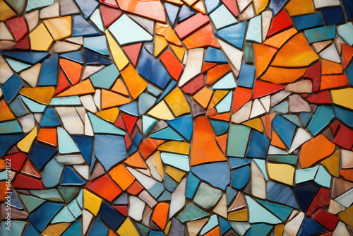 Texture of Abstract Mosaic Ceramic Artwork This abstract mosaic artwork features a mix of geometric shapes and bold colors. The tiles have a matte finish  giving the artwork a more muted