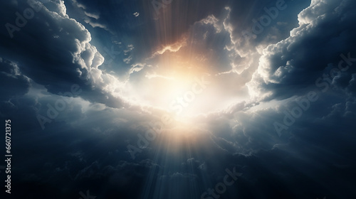 nuvens de tempestade, nuvens azuis escuras, raios de sol através da claraboia, o conceito de esperança, fé, ressurreição photo
