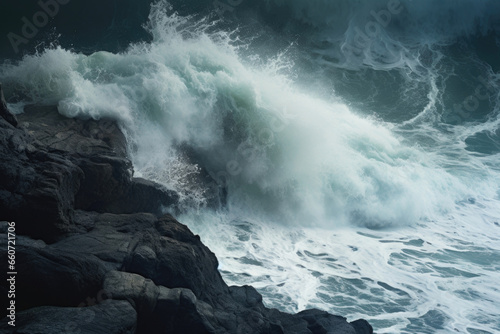 Texture of a dark stormy sea, waves churning with fury and crashing against a rugged seashore, eroding the shoreline.