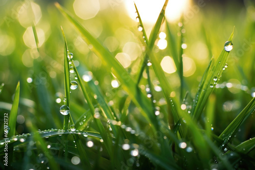 Glittering droplets adorning the lush blades of grass, reflecting a symphony of colors in the morning light.