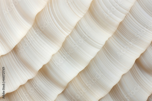 Texture of a Ribbed Seashell Surface The surface of this shell is characterized by rows of raised ridges, giving the texture a ribbed appearance. The ridges are a creamy white color and photo