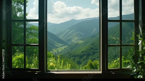 mountain view background. view from the window with green mountains