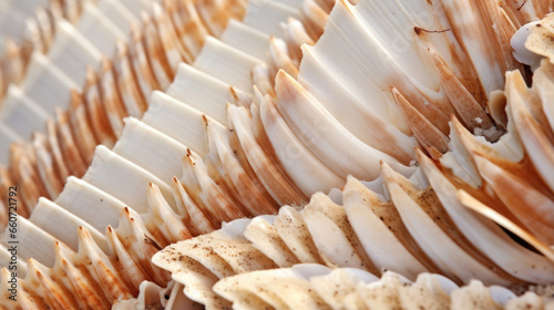 Closeup of a Spiny Seashell Surface This shell has a rough and ly texture, with countless small spines covering its surface. The spines are a mix of cream and light brown and give the shell