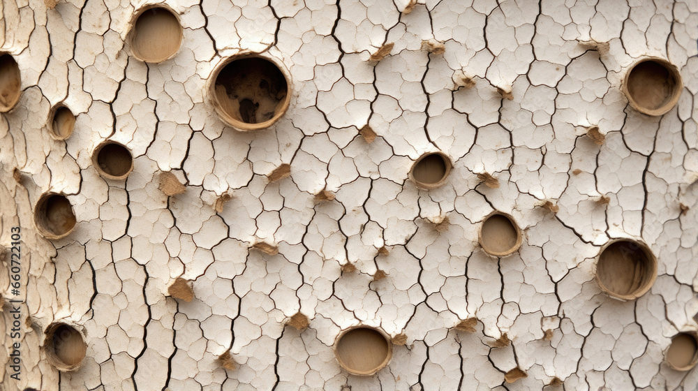 Closeup of a sycamore tree bark with multiple tiny holes made by a woods sharp beak. The holes are closely grouped together and form a distinct pattern on the bark. - obrazy, fototapety, plakaty 