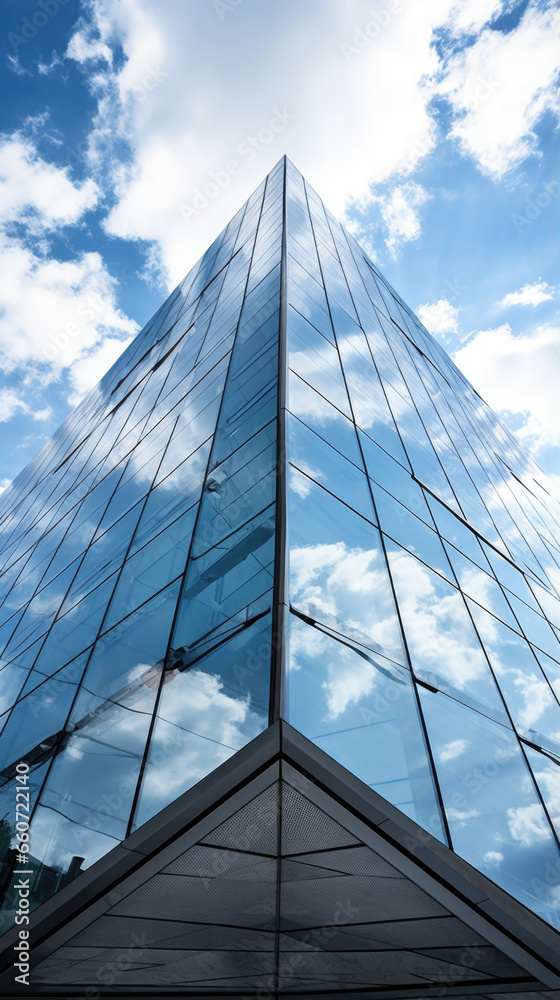 Obraz premium Texture of a mirrored glass exterior punctuated by angular steel accents, creating a bold and futuristic aesthetic. The glass appears to blend seamlessly with the sky, reflecting the clouds